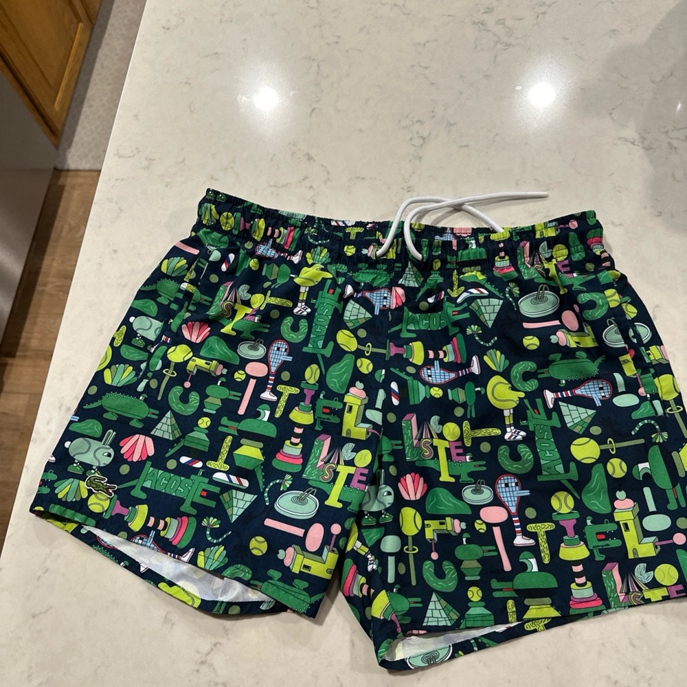 Lacoste Navy Swim Trunks with Green and Pink Pattern